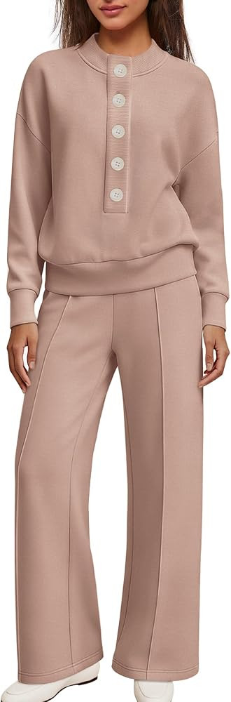 Women 2pc Lounge Set, Wrinkle Free Travel Henley Wide Leg Pants w/ Pockets | Amazon (US)