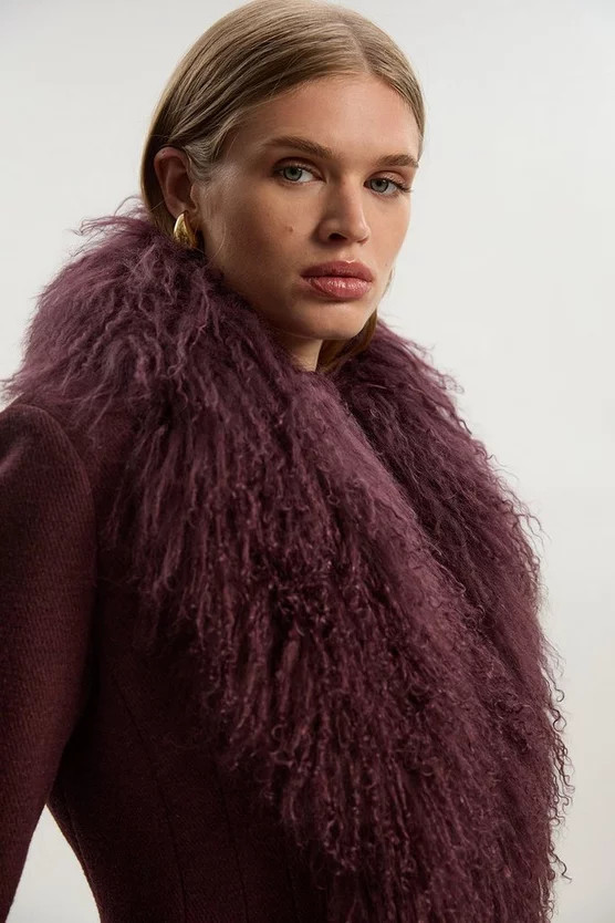 Wool Detachable Fur Collar Tailored Double Breasted Midi Coat | Karen Millen UK + IE + DE + NL