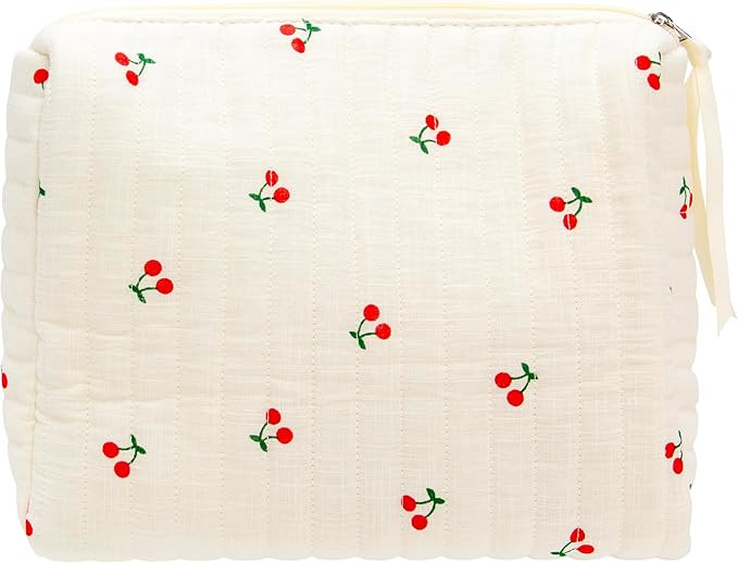 PAZIMIIK Quilted Makeup Bag Large Travel Zipper Soft Cosmetic Pouch for Women Girls Make Up,Cherr... | Amazon (US)