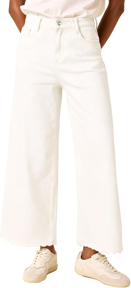Astylish Womens High Waisted Jeans Stretchy Wide Straight Leg Loose Trendy Scalloped Hem Denim Pa... | Amazon (US)