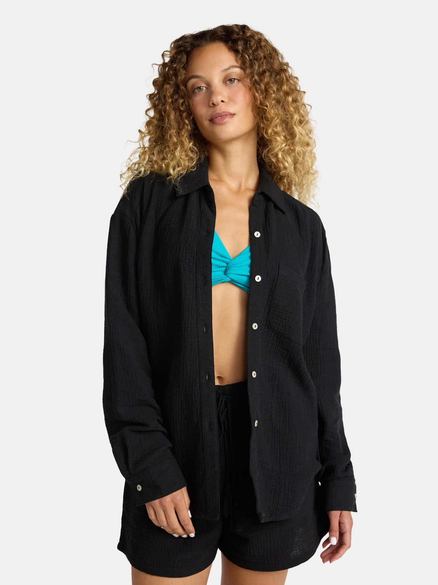 Time and Tru Women's and Women's Plus Cotton Button Up Coverup Shirt, Sizes XS-3X | Walmart (US)