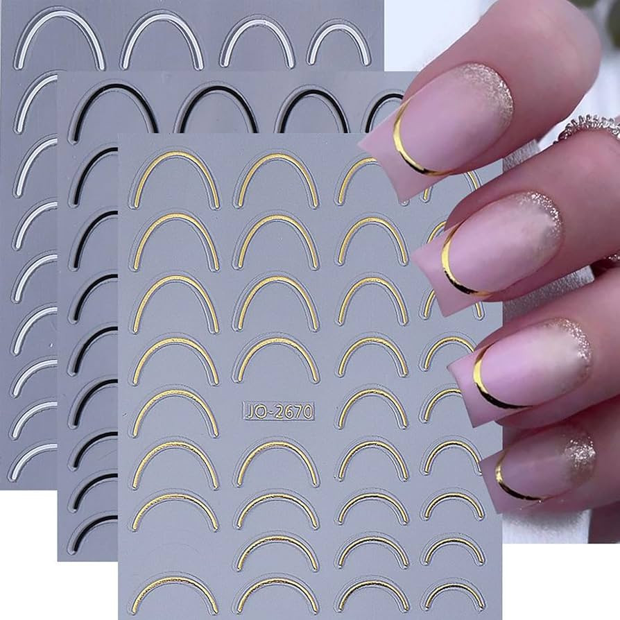 French Line Nail Art Stickers Gold French Crescent Nail Stickers Stripe Lines Curve Swirl Designs... | Amazon (US)
