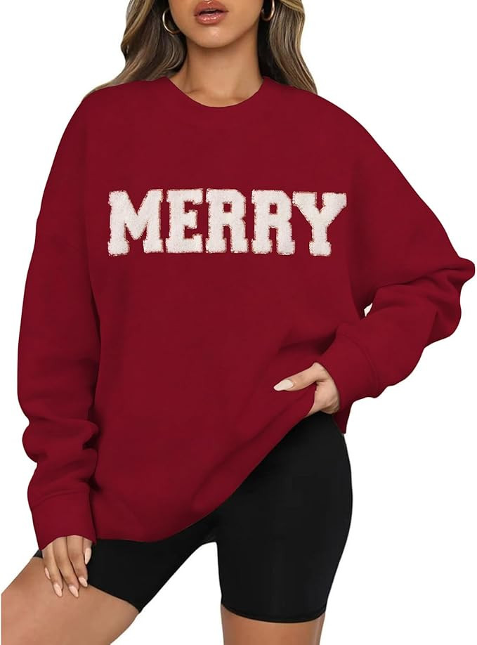 BOUTIKOME Merry Christmas Sweatshirts for Women Glitter Patch Merry Letter Shirts Chenille Patch ... | Amazon (US)