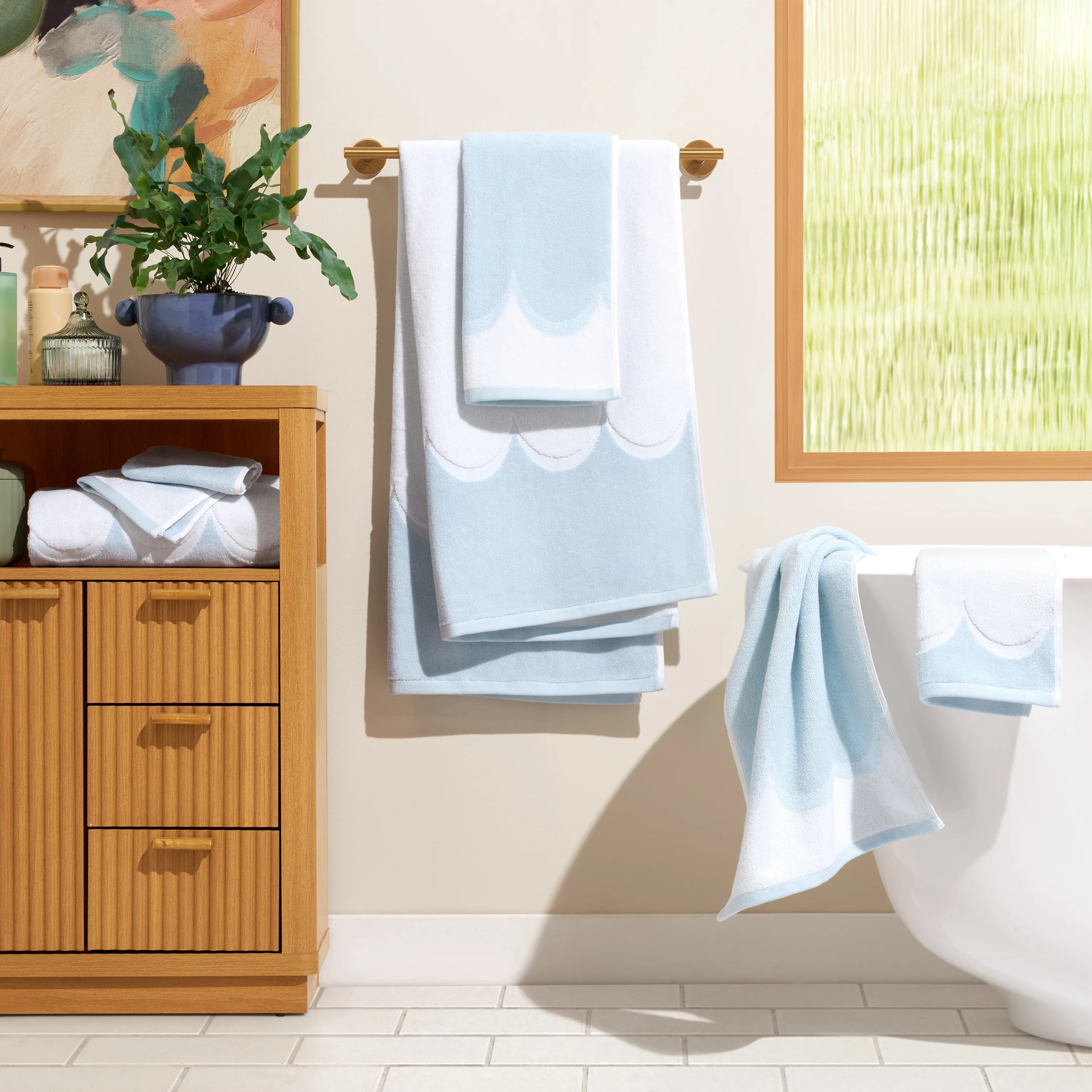 Beautiful by Drew Barrymore 6-Piece Scallop Bath Towel Set, Soft 100% Cotton, Hydrangea | Walmart (US)
