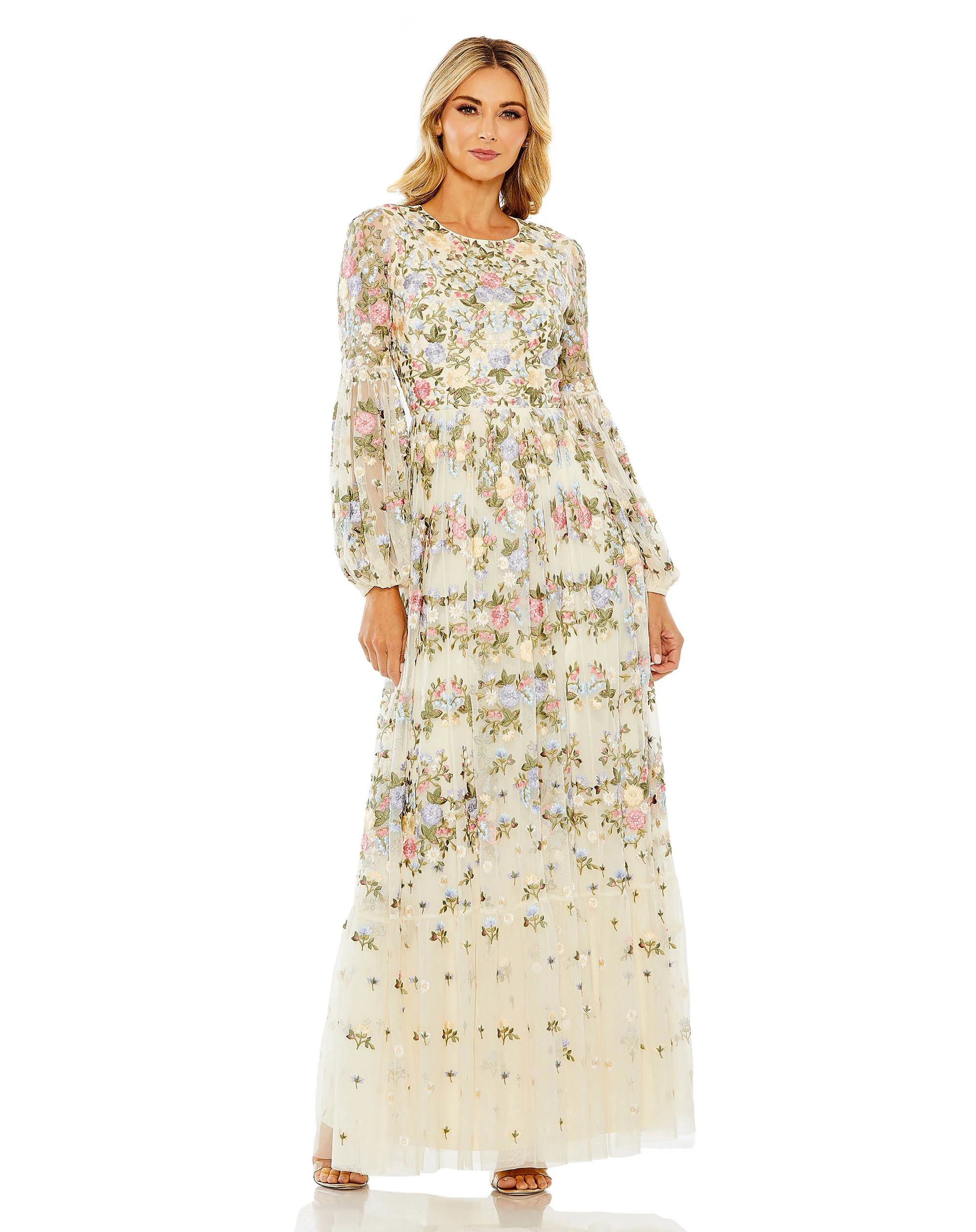 High Neck Floral Embroidered Puff Sleeve Gown | Mac Duggal