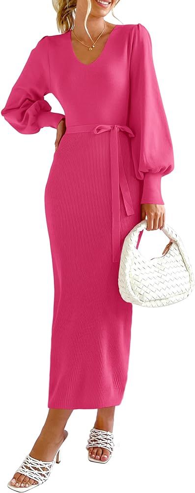 PRETTYGARDEN Women's 2024 Fall Knit Pullover Sweater Elegant Long Lantern Sleeve V Neck Maxi Dres... | Amazon (US)