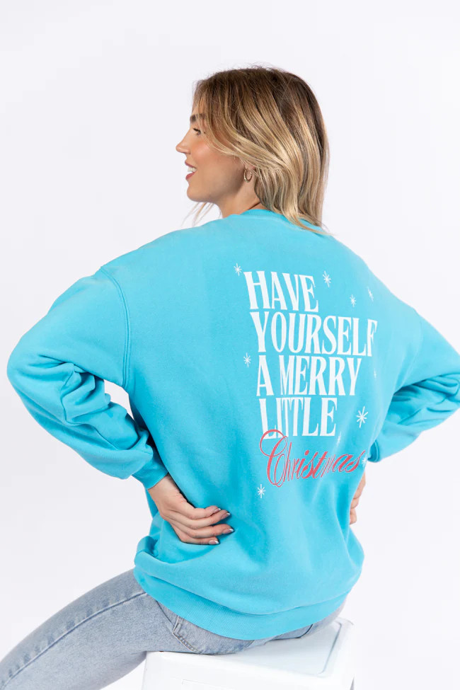 Have Yourself A Merry Little Christmas Aqua Blue Oversized Graphic Sweatshirt | Pink Lily