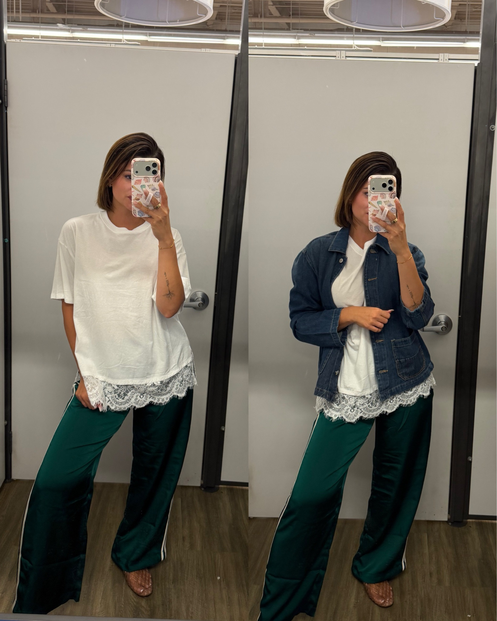 Old Navy is having an online exclusive sale right now — 50% off everything (even new arrivals)! 

Those brown satin track pants I shared in another post also come in this beautiful green! I love the oversized fit of this lace hem T-shirt. 

Layering on a denim jacket also suits this look really well! Overall, a great way to elevate pieces that are typically pretty basic!

Wearing a small in everything and sized up to a large for the white tee!

#LTKSaleAlert #LTKootd #LTKSeasonal