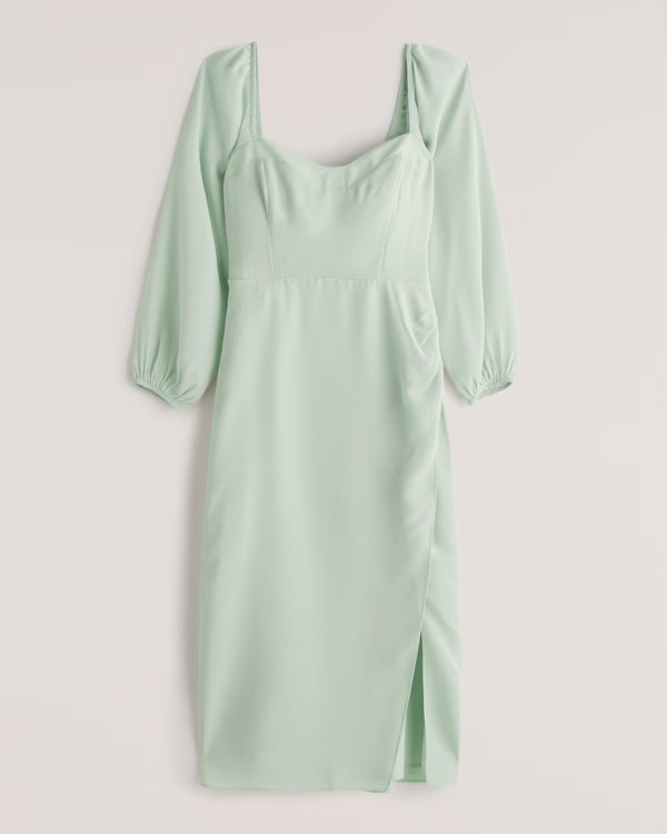 Long-Sleeve Draped Skirt Midi Dress | Abercrombie & Fitch (US)