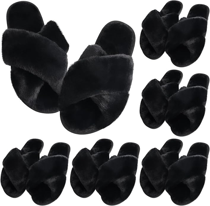VAIPI 6 Pairs Womens Cross Band Slippers Fuzzy Plush House Bridesmaid Slipper White | Black | Pin... | Amazon (US)