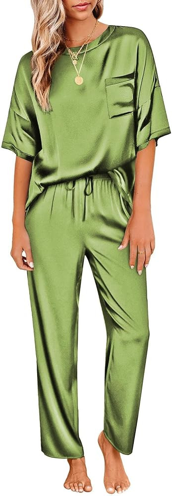 Ekouaer Womens Satin Silky Pajama Set Short Sleeve Shirt with Long Pajama Pant Set Soft PJ Lounge... | Amazon (US)