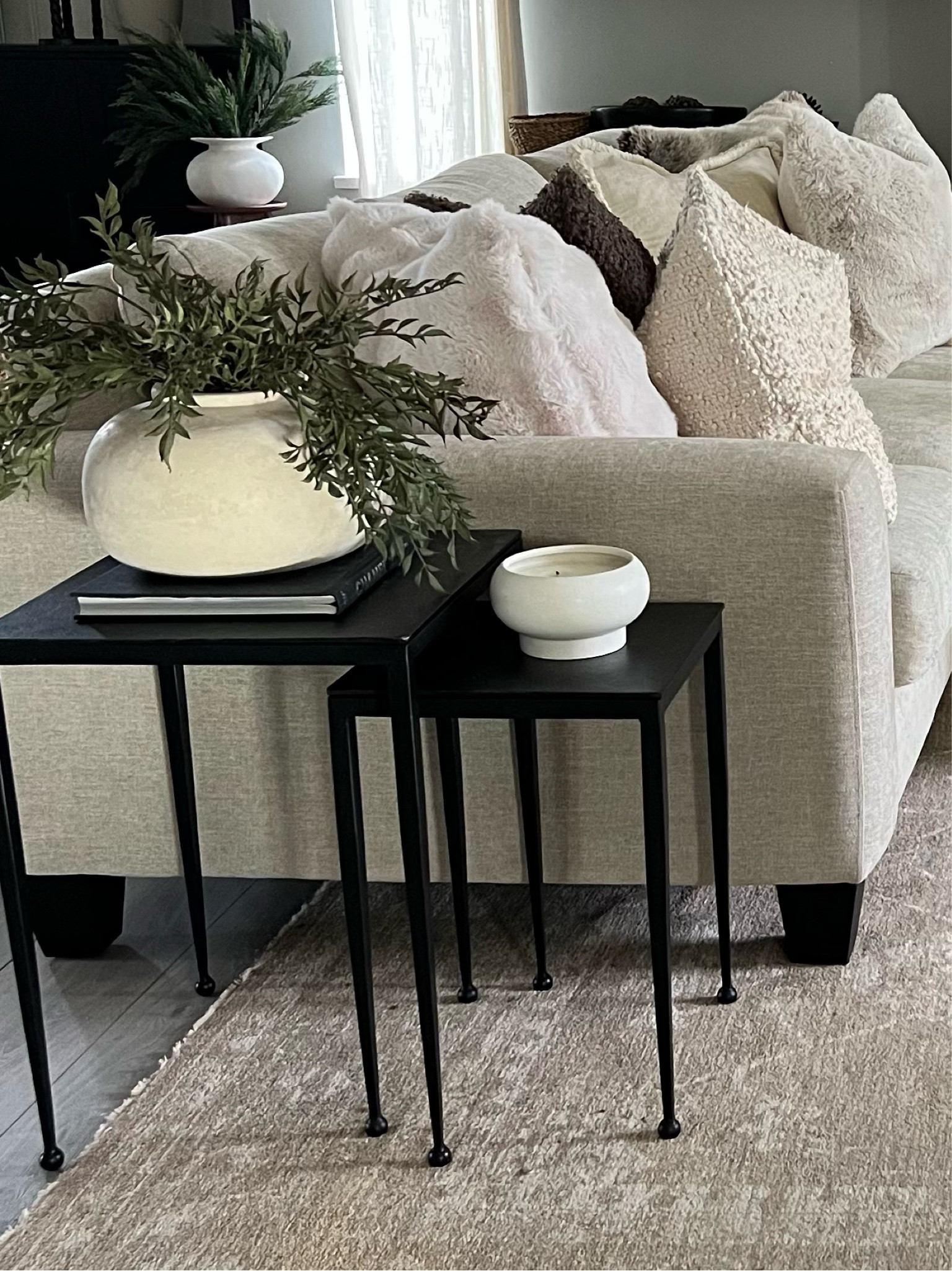 Winter styling in the living room.. where I’m at. Ready to put away my Christmas florals but not quite ready for Spring and cherry blossoms. These dark green fern stems are a perfect transition..and will work well into Spring. I have five stems in this medium size vase. 
Cozy home, modern rustic decor 