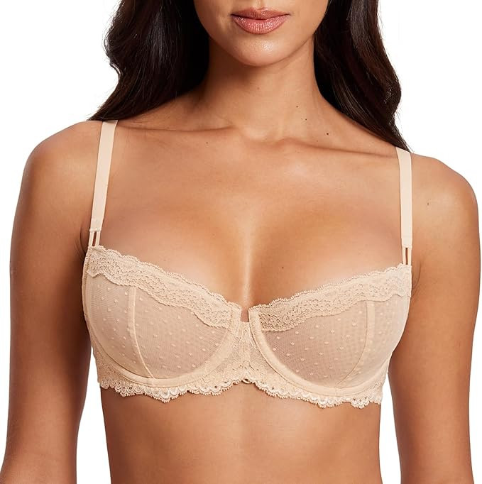 DOBREVA Women's Sexy Lace Bra Underwire Balconette Unlined Demi Sheer Plus Size | Amazon (US)