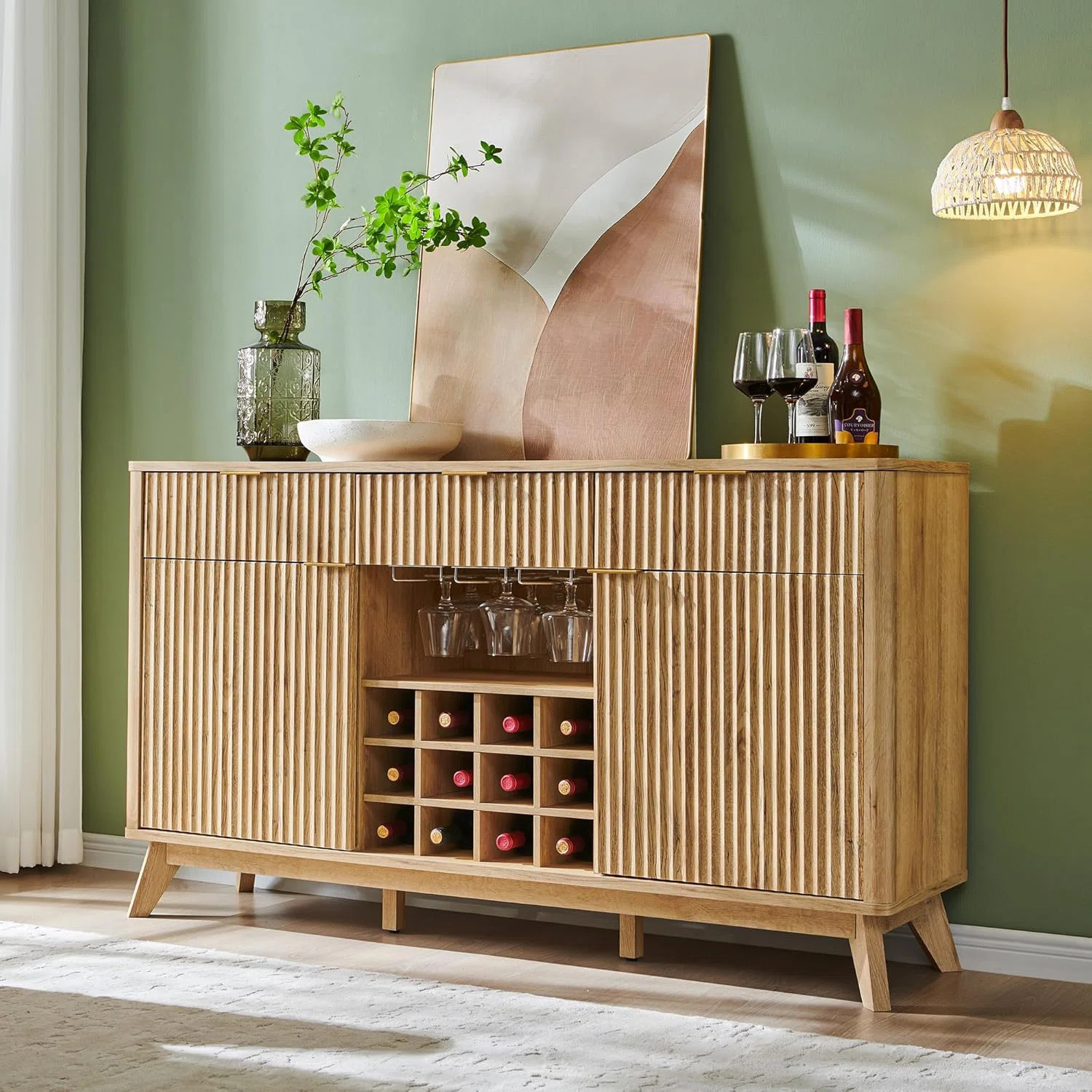 60"W Wine Coffee Bar Cabinet Natural Weathered Finish With 3 Drawers, Wine & Glass Rack | Wayfair North America