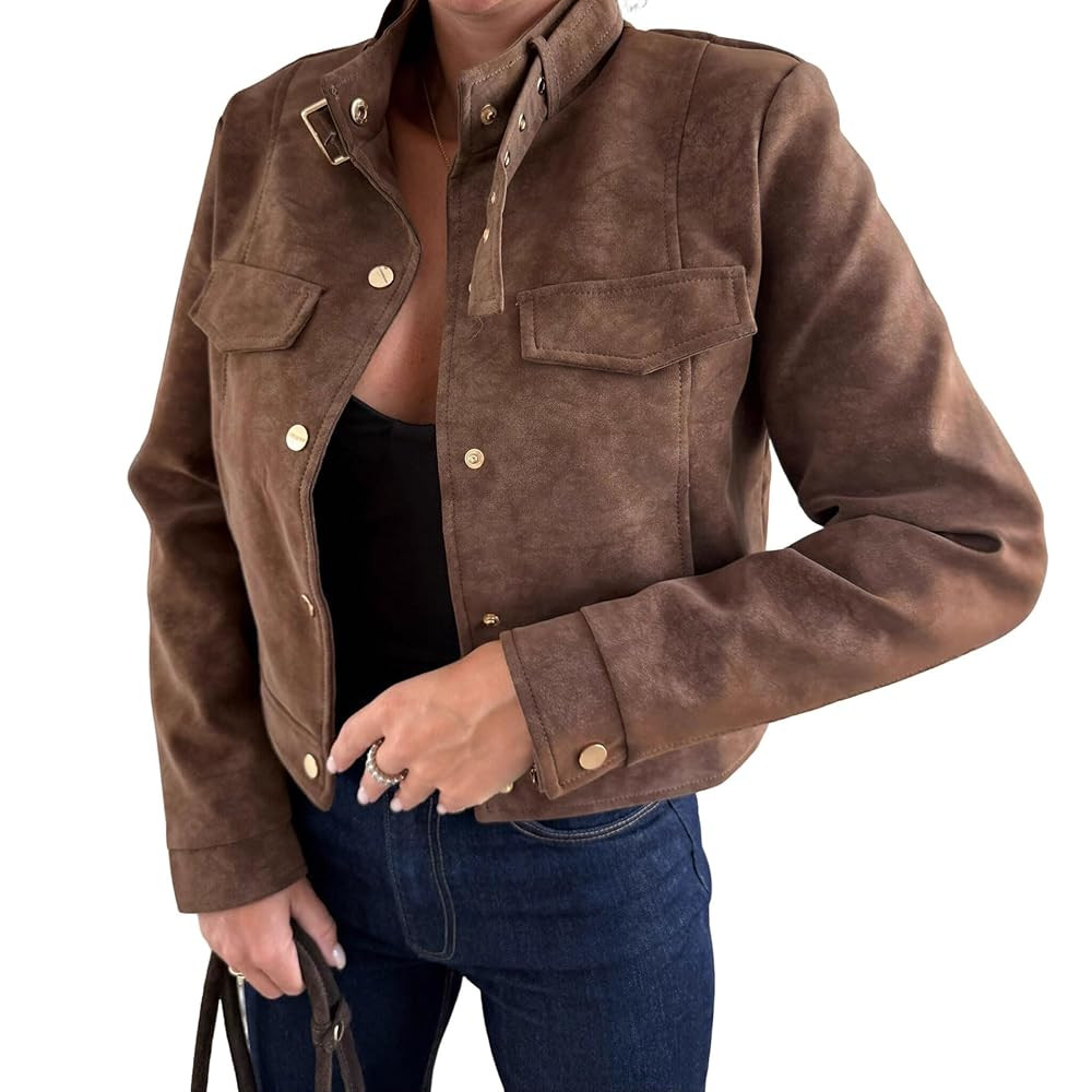 utcoco Women's Faux Suede Cropped Jacket Button Front Stand Collar Long Sleeve Short Moto Outerwe... | Amazon (US)