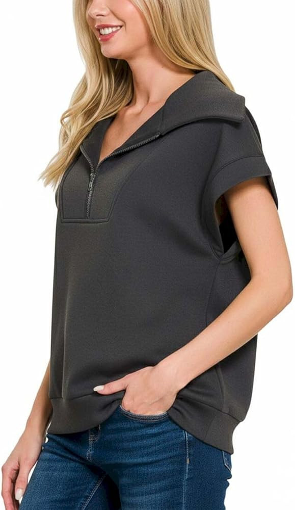 Women's Casual Collared Half Zip Sweatshirt Black Short Sleeve (BLACK,Medium) | Amazon (US)