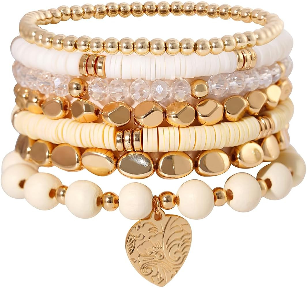 GOOJIDS Surfer Heishi Clay Bead Bracelets for Women Bohemian Stackable Gold Plated Beaded Stretch... | Amazon (US)