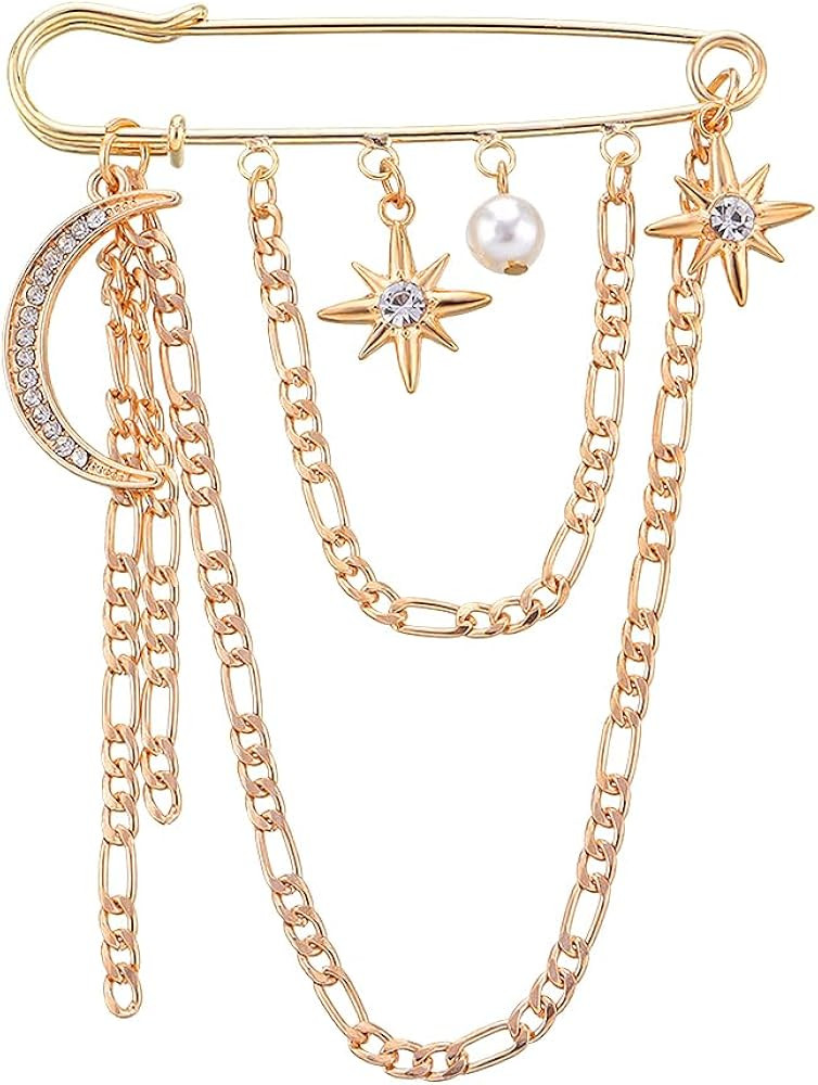 Safety Pin Brooch with Hanging Chains Charms Decorative Punk Goth Collar Brooches Pin for Sweater... | Amazon (US)