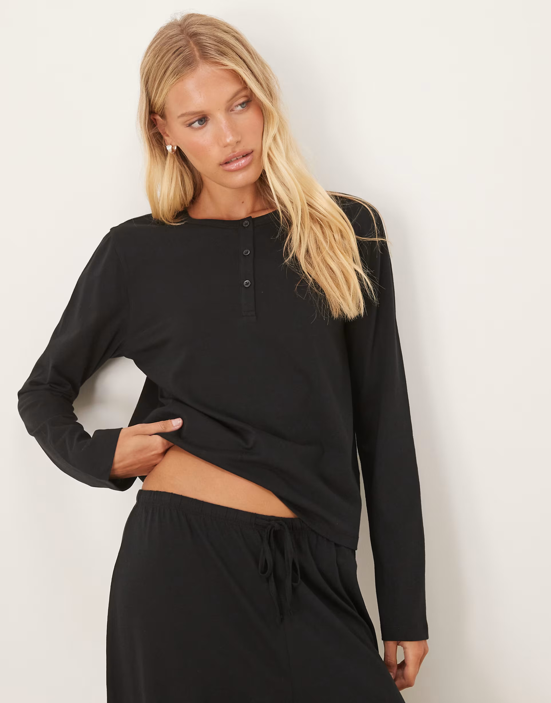 ASOS DESIGN mix & match cotton long sleeve henley pajama top in black | ASOS (Global)