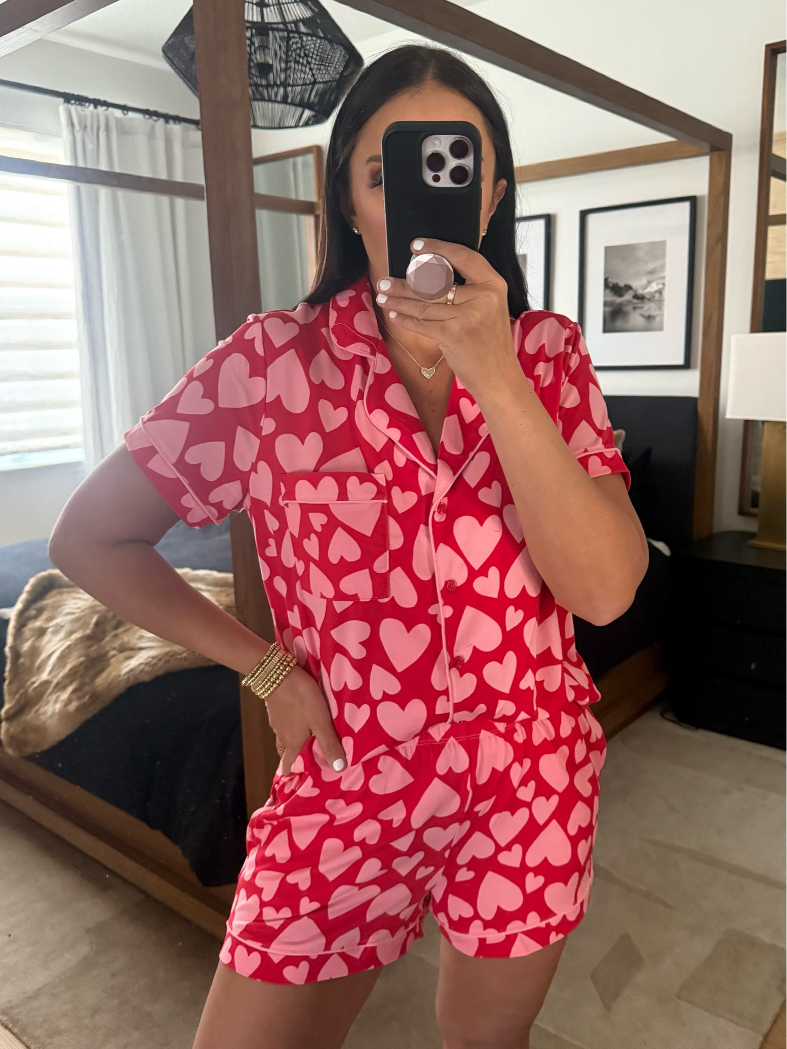 Joyspun Women’s and Women’s Plus Knit Notch Collar Top and Shorts Pajama Set wearing size medium. 
