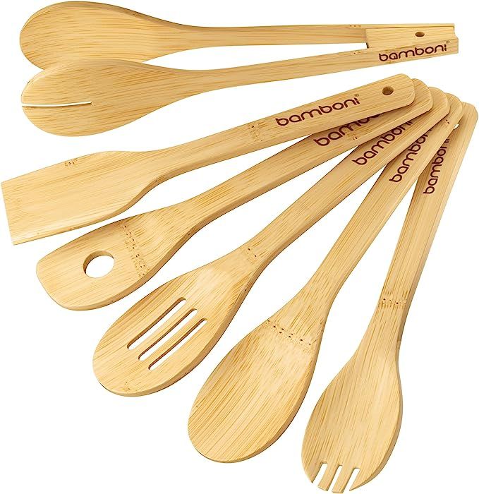 BAMBONI Bamboo Utensils Set- 6 Organic Uncoated Heat Resistant Wooden Spoons for Cooking - Reusab... | Amazon (US)