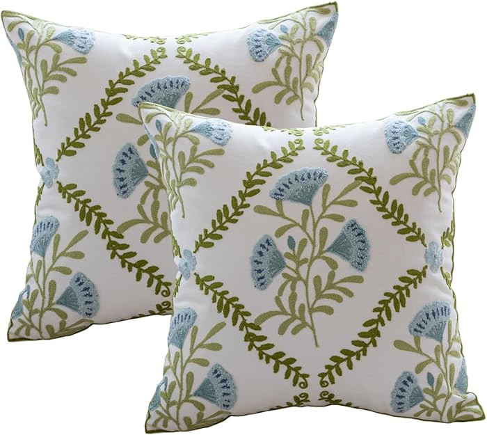 YIcabinet Pillow Covers Set of 2, Embroidered Flower Pattern Throw Pillow Cover,Square Cotton Cus... | Amazon (US)