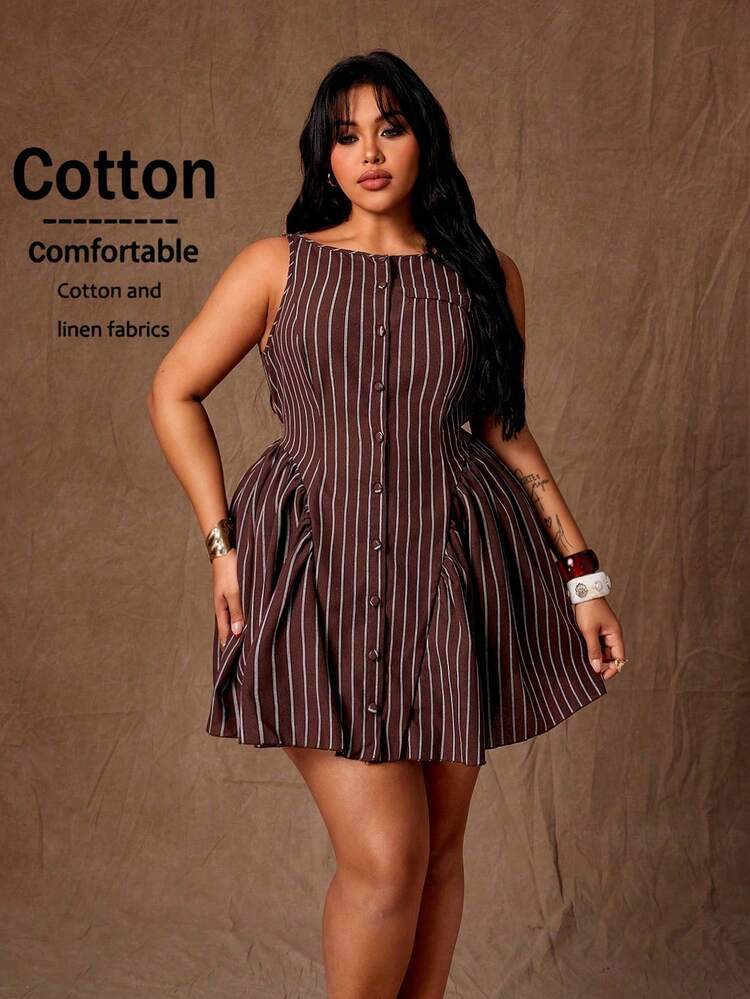 Rustia Plus Size Women's Brown Striped Button Ruffle Hem Sleeveless Mini Dress, Suitable For Work, Elegant & Sexy, Fashionable, Formal Occasions, Spring, Summer, Outings, Vacations, Showcasing Graceful Charm | SHEIN