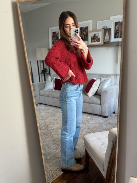 THE BEST high rise straight leg jeans. You can sleep in these. 

Jeans: size up one, I'm wearing 27 
Sweater: last season, linked similar 
Boots: TTS