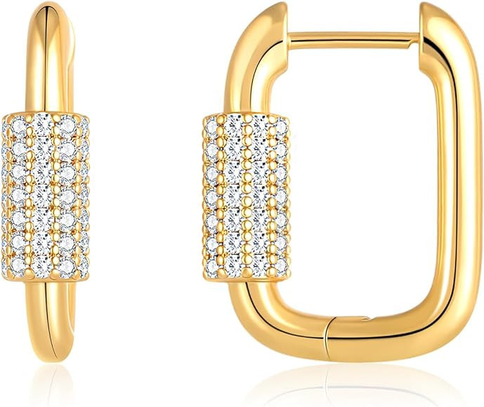 14K Chunky Gold Hoop Earrings Hypoallergenic Earrings for Women Lightweight Gold Plated Rectangul... | Amazon (US)