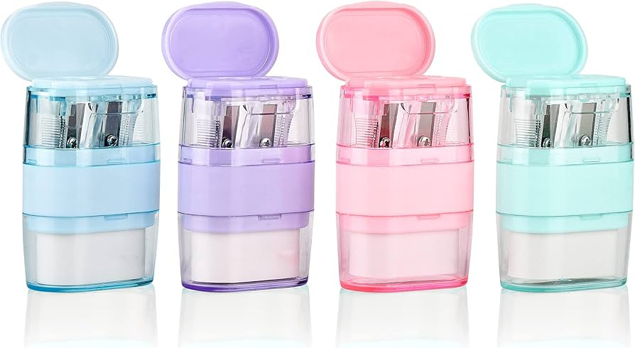 4 PCS Manual Pencil Sharpener with Eraser, Double Hole Multicolored Sharpener with Eraser Fun Sta... | Amazon (US)