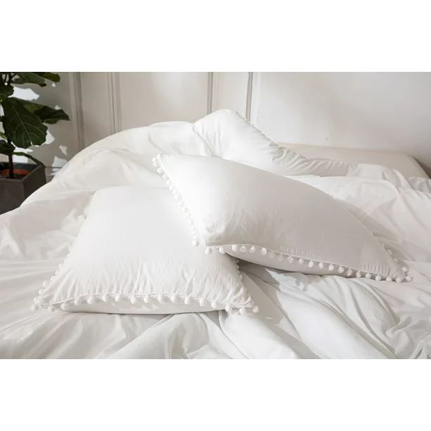 Move Over White Comforter Set King Solid Pom Poms Fringe Pattern Microfiber Filling White Bedding... | Walmart (US)