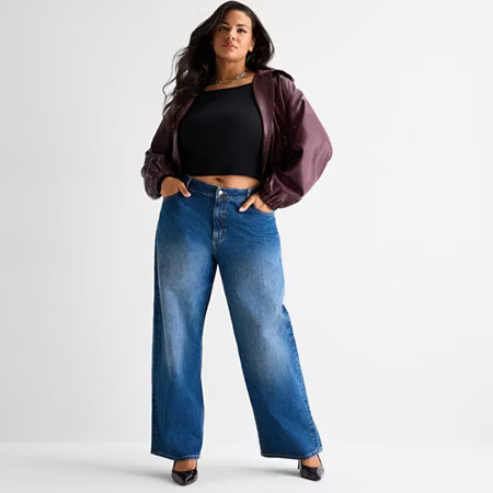 Ashley Graham Slouchy Womens Plus High Rise Wide Leg Jean, 18w, Blue | JCPenney