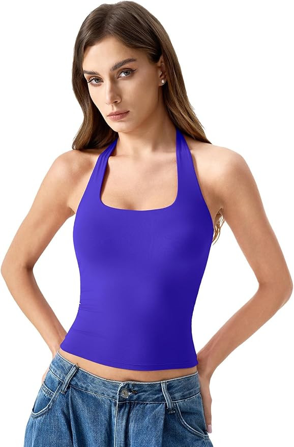 QINSEN Womens Halter Top Double Lined Tank Top Sleeveless Open Back Slim fit Going Out Tops | Amazon (US)