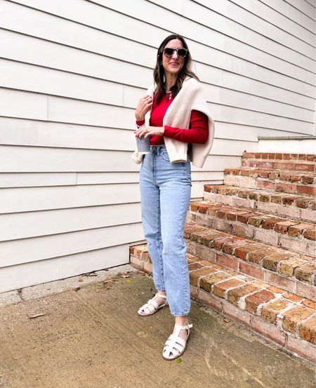 Spring Outfit! Pop of Red. ❤️

Everlane tee. Fits TTS. 
Madewell perfect vintage denim. I size down one size in Madewell jeans. 
Anthropologie fisherman sandals fit TTS - love them! 
Krewe sunglasses on sale! 

#LTKshoecrush #LTKfindsunder100 #LTKsalealert