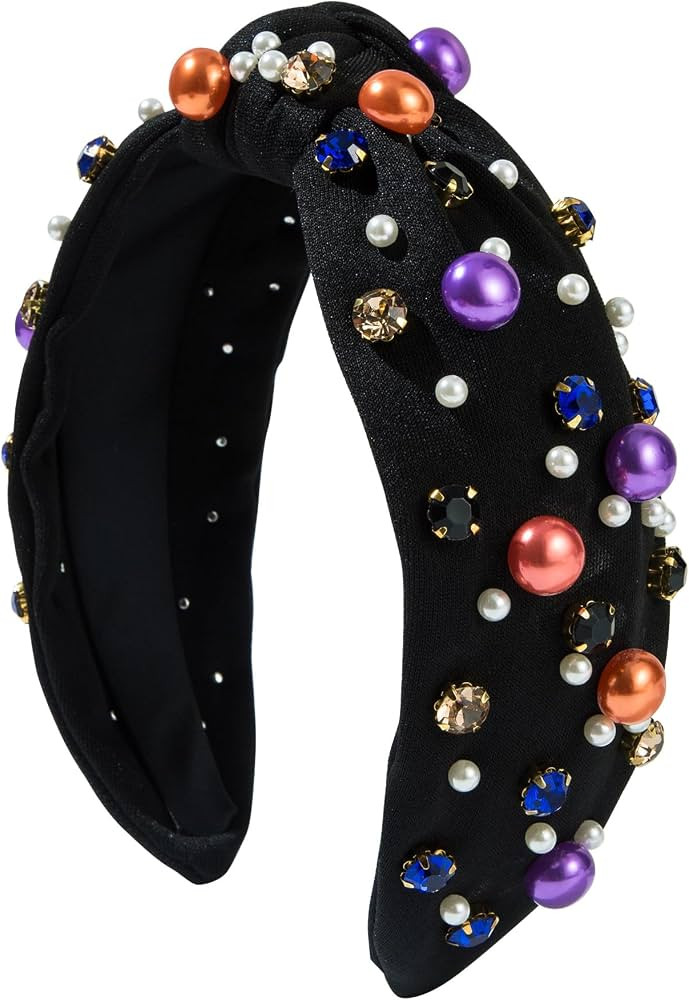 Halloween Pearl Knotted Headband for Women Girls Non Slip Rhinestone Embellished Hair Hoop Hallow... | Amazon (US)