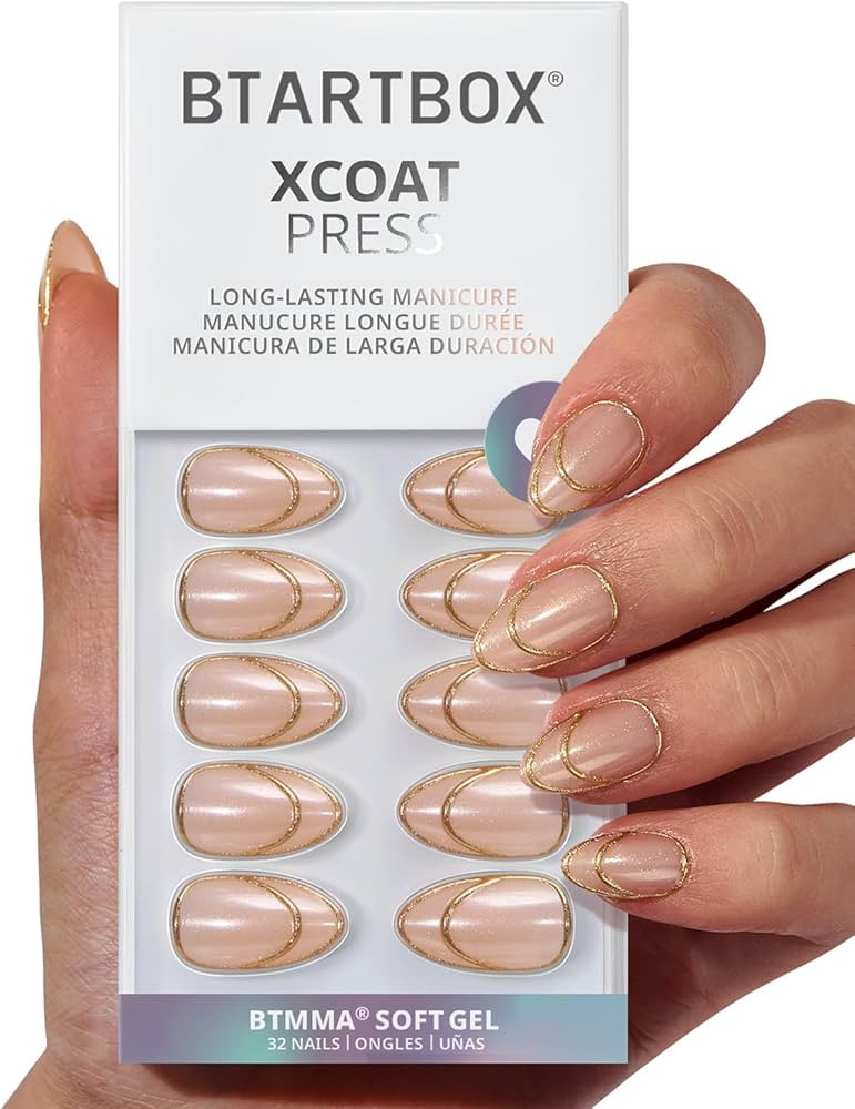 BTArtbox French Tip Press On Nails - Double Gold, Lamp-Curable 3D Gold Line Short Almond Press On... | Amazon (US)