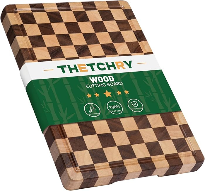 Cutting Boards for Kitchen, Checkered Cutting Board Upgraded, Acacia Wood Chopping Board with Jui... | Amazon (US)