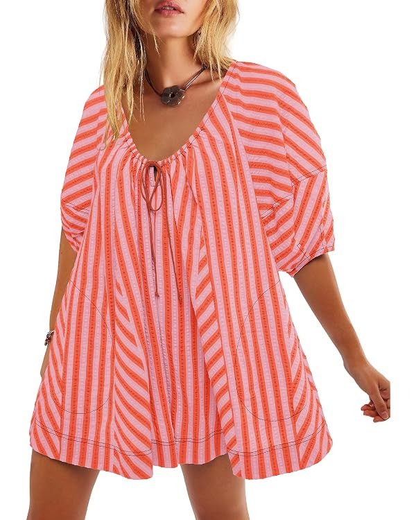 Yanekop Womens Romper Dress with Shorts Striped Romper Overall Oversized Short Jumpsuit V Neck Pu... | Amazon (US)