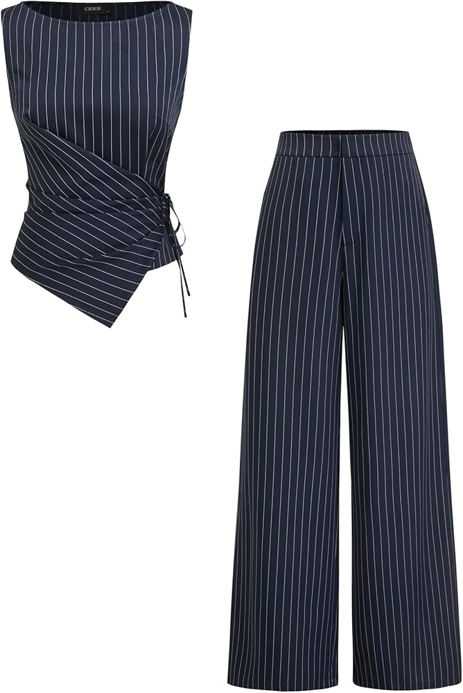 CIDER Lounge Sets For Women Striped Wrap Knotted Top Straight Leg Trousers Set Boat Neck Mid Wais... | Amazon (US)