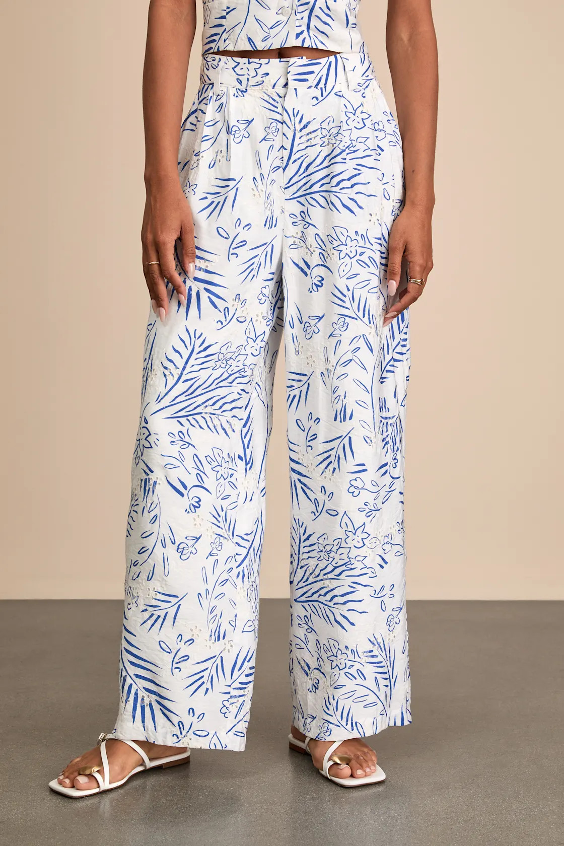 Amarae Ivory and Blue Floral Print Wide-Leg Trouser Pants | Lulus