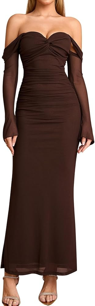 KUTUMAI Off Shoulder Long Sleeve Formal Dress Elegant Bodycon Ruched Cocktail Wedding Guest Dress... | Amazon (US)