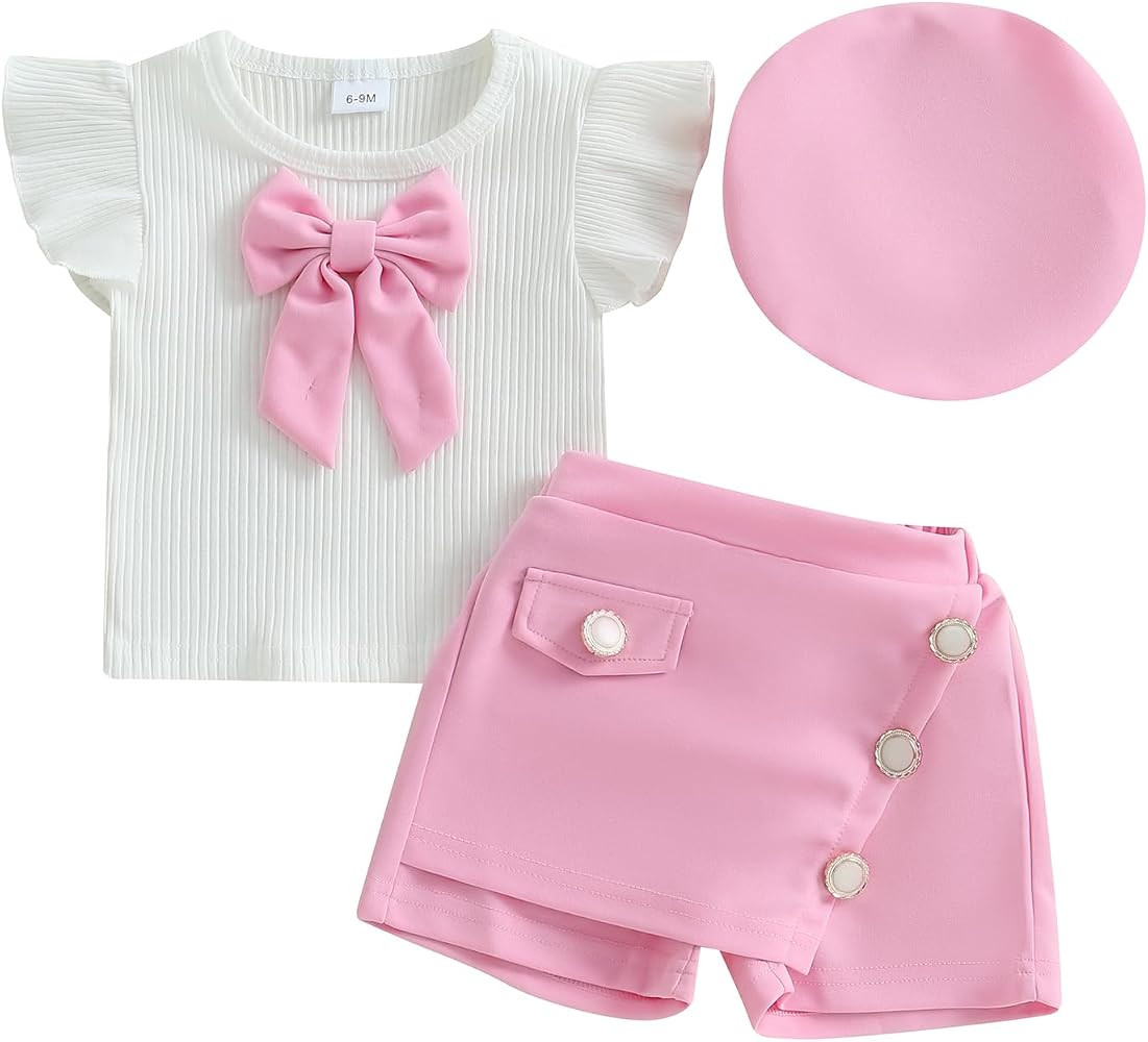 Baby Girls Fly Sleeve 3D Bow Rib Knit Shirt + Irregular Skorts + Beret Hat | Amazon (US)