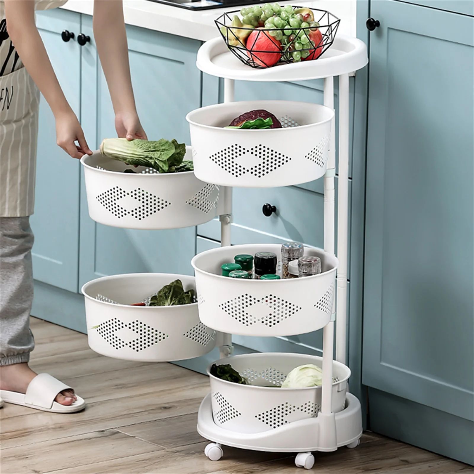 5-Tier Rolling Fruit and Vegetable Baskets Rack with Wheels, Height Adjustable Rotating Freestand... | Walmart (US)