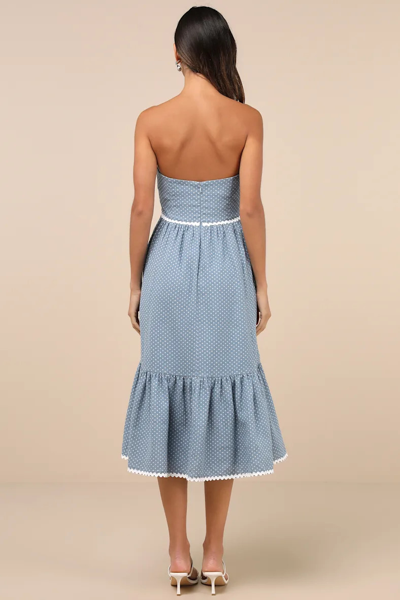 Delightful Design Dusty Blue Polka Dot Midi Dress With Pockets | Lulus