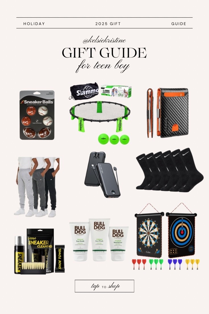Teen boy gift guide // deodorizers/ wallet / sweatpants / Nike socks / charging brick / dart board / yard game / shoe cleaner / skincare kit