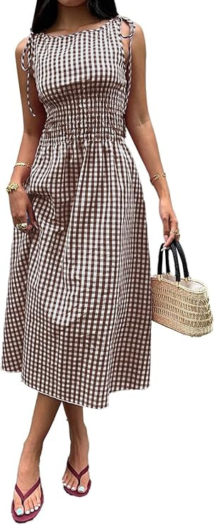 Acelitt Summer Maxi Dresses for Women 2026 Smocked Waist Gingham Dress Flowy A Line Beach Long Su... | Amazon (US)