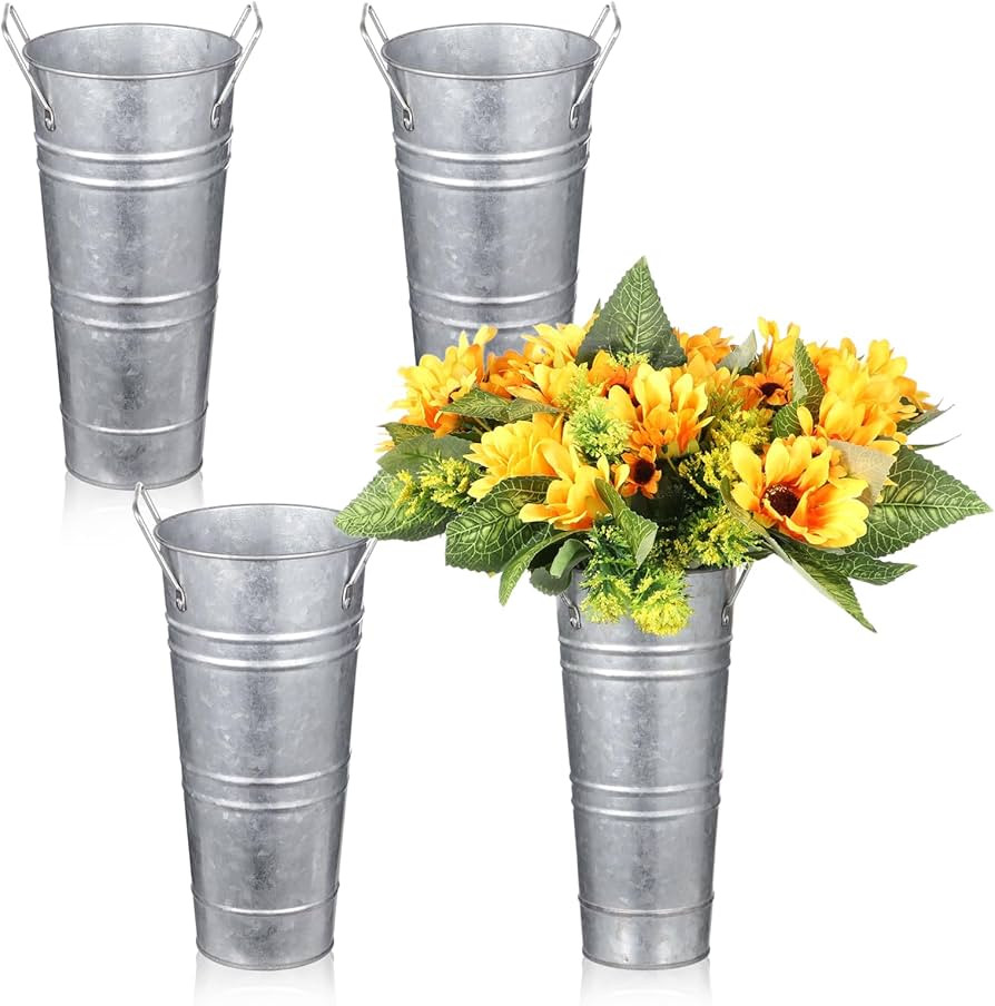 4 Pcs Galvanized Flower Buckets, 9in Farmhouse French Bucket with Handles, Flower Buckets for Cut... | Amazon (US)