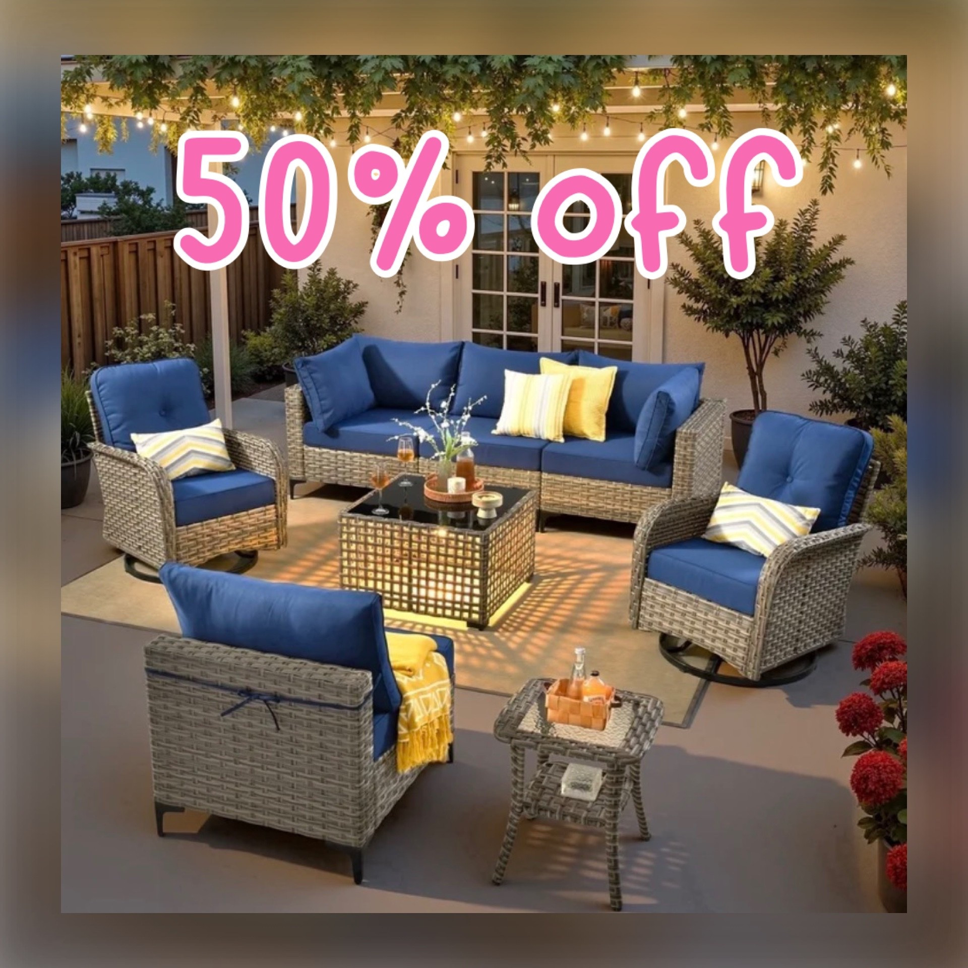 50% Off Walmart Patio Furniture Deal 🌿💙

If you’ve been thinking about upgrading your outdoor space, this Walmart deal is worth a look! ✨ This beautiful wicker conversation set features deep navy cushions, swivel chairs, a spacious sofa, and coordinating tables that create the perfect setup for relaxing or entertaining outdoors.

The neutral wicker and classic blue color combination give it a timeless, coastal-inspired feel that works beautifully on patios, porches, decks, and backyard spaces. I love that it looks much more expensive than the sale price and includes plenty of seating for family and guests.

Walmart has marked this set down 50% off, making it one of the best outdoor furniture deals I’ve seen. ☀️ Whether you’re creating a cozy backyard retreat or refreshing your patio for summer gatherings, this set is a gorgeous find.

Walmart deals, Walmart patio furniture, outdoor furniture sale, patio conversation set, wicker patio furniture, backyard makeover, outdoor living space, patio refresh, navy blue outdoor cushions, porch decorating ideas, summer entertaining, backyard oasis, outdoor seating set, Walmart home deals. 💙🏡✨

#LTKHome #LTKSaleAlert #LTKSeasonal