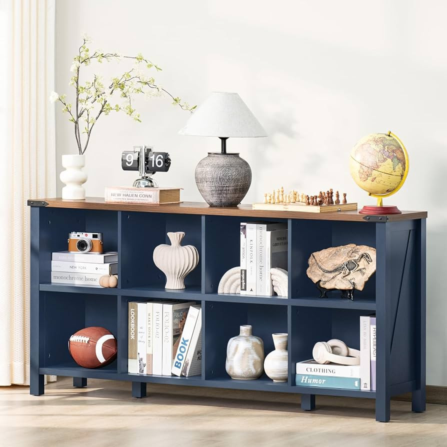 8 Cube Book Shelf, Farmhouse Wood Long Storage Organizer Bookcase, 62" Horizontal Navy Blue Conso... | Amazon (US)
