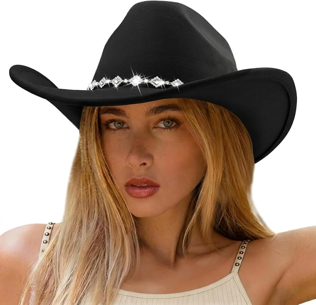 DRESHOW Women's Western Cowboy Hat Rhinestone Cowboy Cowgirl Hat Glitter Wide Brim Felt Fedora Ha... | Amazon (US)